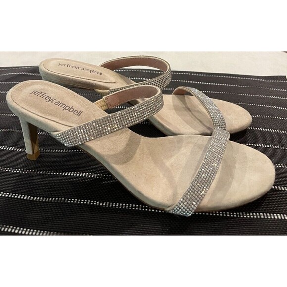 NEW Jeffrey Campbell Crystal Sandals Size 7.5 Royal Suede Champagne Slides Heels - Picture 1 of 11
